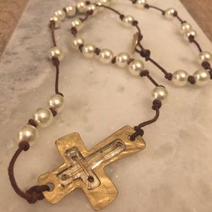 NWOT!! Leather Pearl Long Cross Necklace